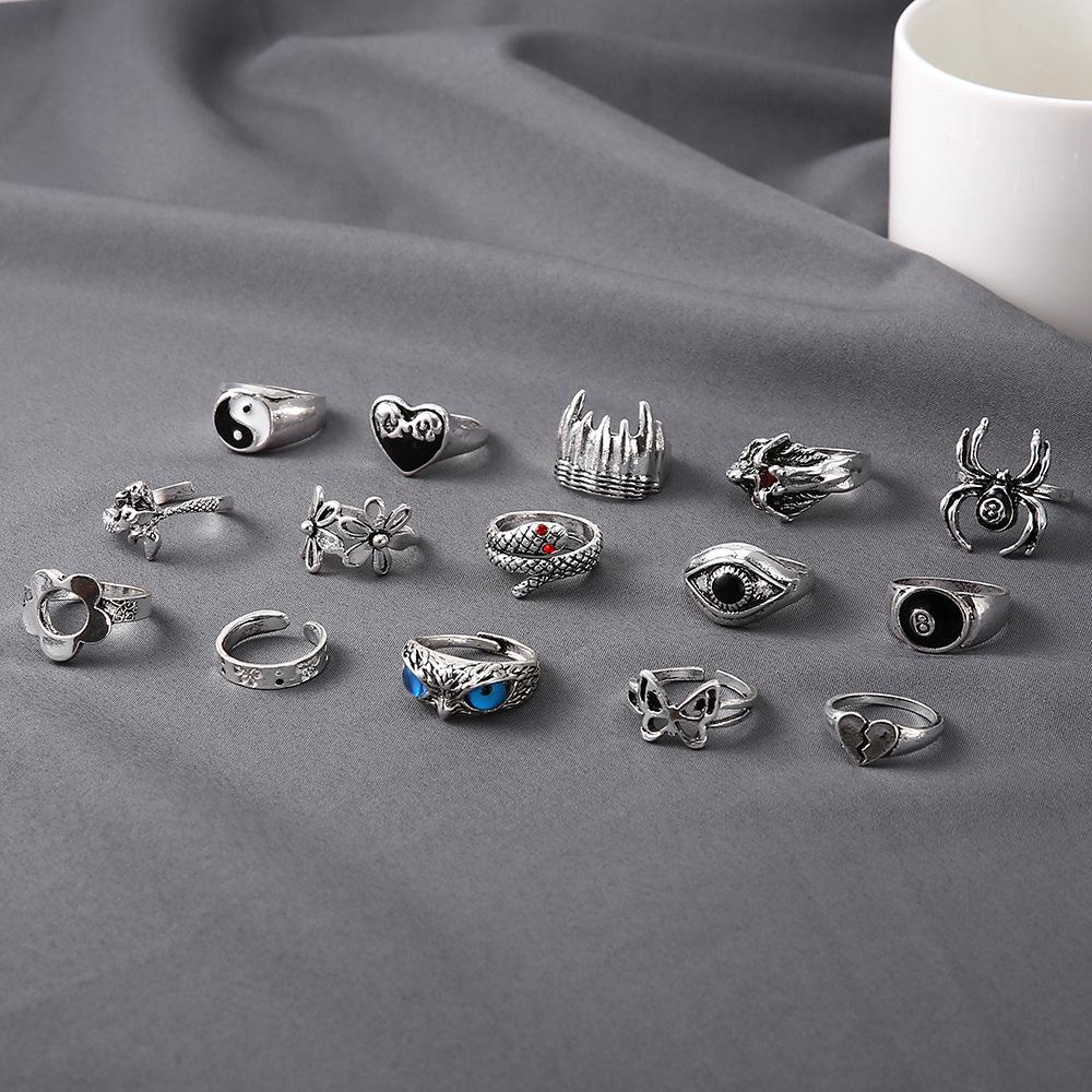 Retro Animal Ring Exaggerated Owl Spider Ring 15-piece Set