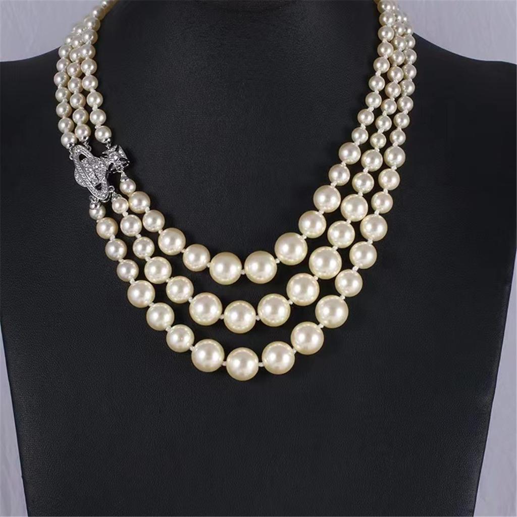 Tooxika Triple Gradient Pearl Magnetic Clasp Saturn Necklace Luxury Collar Chain For Women