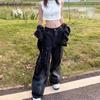 High-quality Vintage Loose Wide Leg Pants Big Pocket Black Denim Cargo Pants Female Casual Streetwear Jeans Trousers for Women