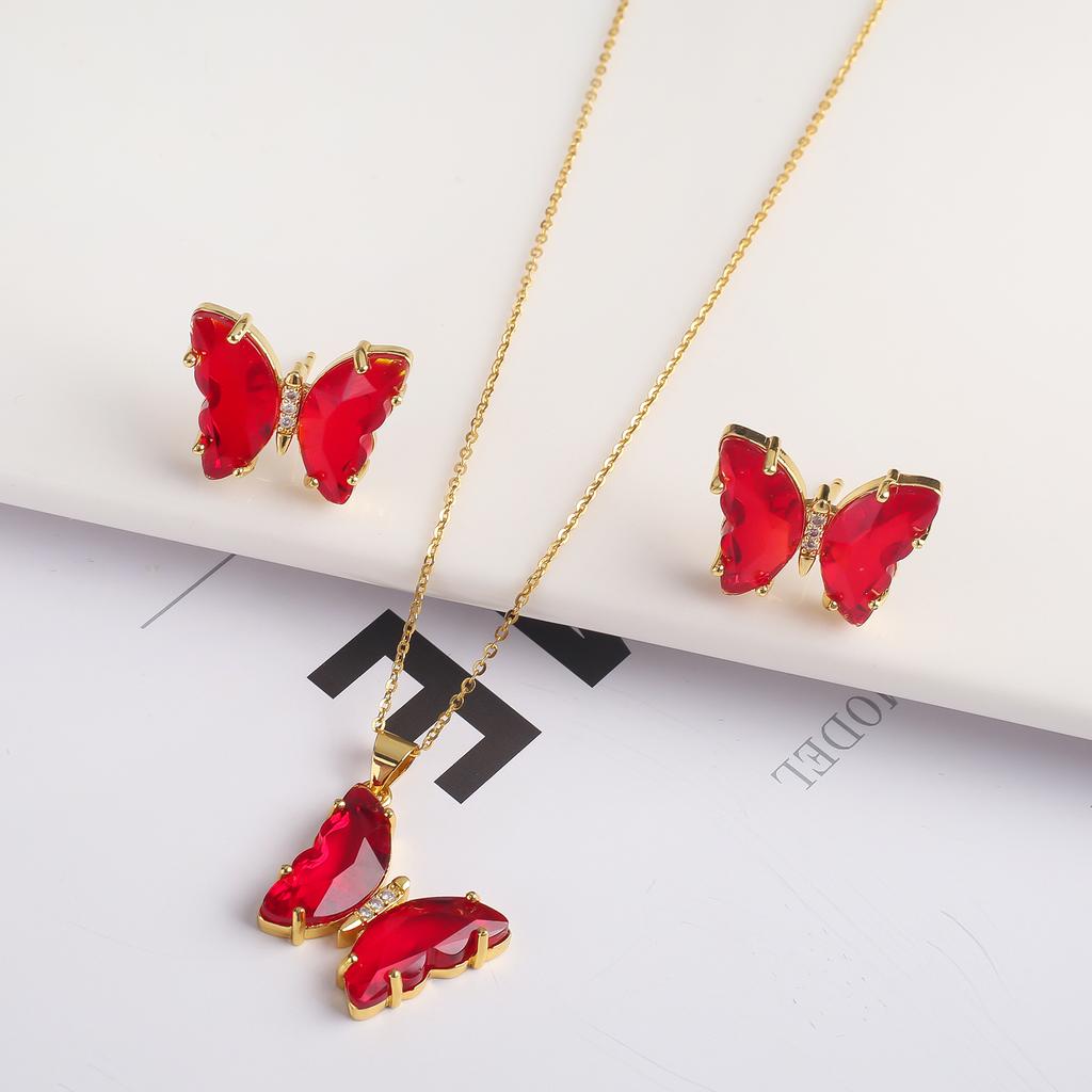2PC Crystal Transparent Butterfly Pendant Necklace Earrings Jewelry Set Women's Luxury Gold Plated High Quality Gift