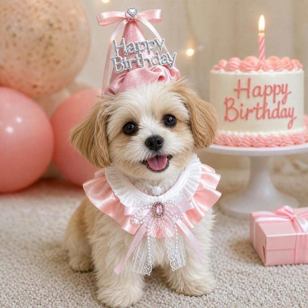 Bowknot Pet Birthday Hat Scarf Set Cute Cat Princess Hat Happy Birthday Cone Hat Puppy Costume