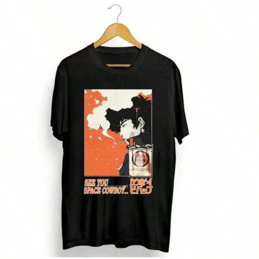 100% Cotton Short Sleeve Casual Tee Cowboy Bebop Funny Anime Cartoon Logo Men s Black T-Shirt Size S S