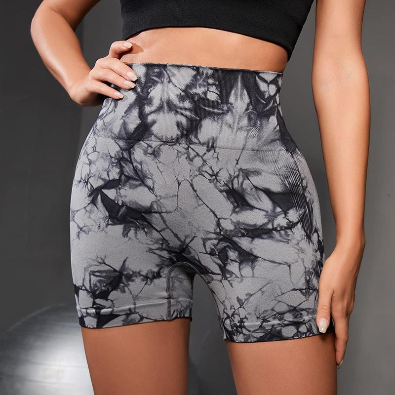 

Sports shorts new high elastic thickened European and American tie-dye yoga pants high waist peach hip sports fitness shorts three-point pants S
