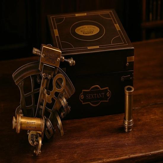 J. Scott London Brass Sextant With, Maritime Navigation Tool with Wood Box Nautical