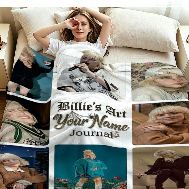 1PC Billie Eilish Custom Name Patterned Flannel Blanket Suitable For All Seasons for Home Decor Warmth and Comfort Gifts Holiday Present