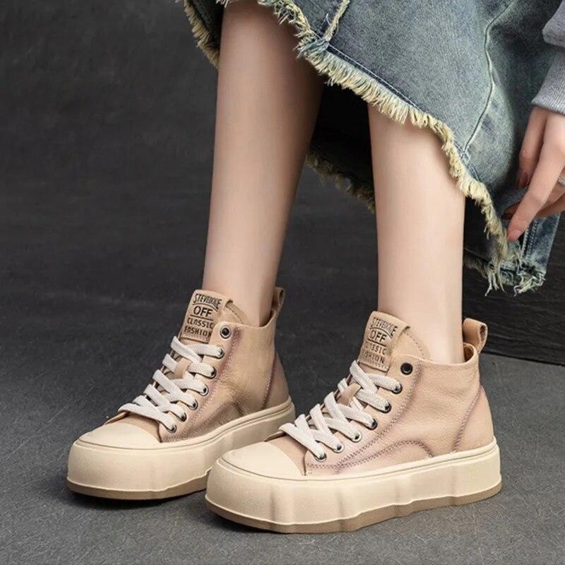 Johnature Genuine Leather Women's Flat Shoes Leisure Versatile Cowhide Round Toe Thick Soled Shoes