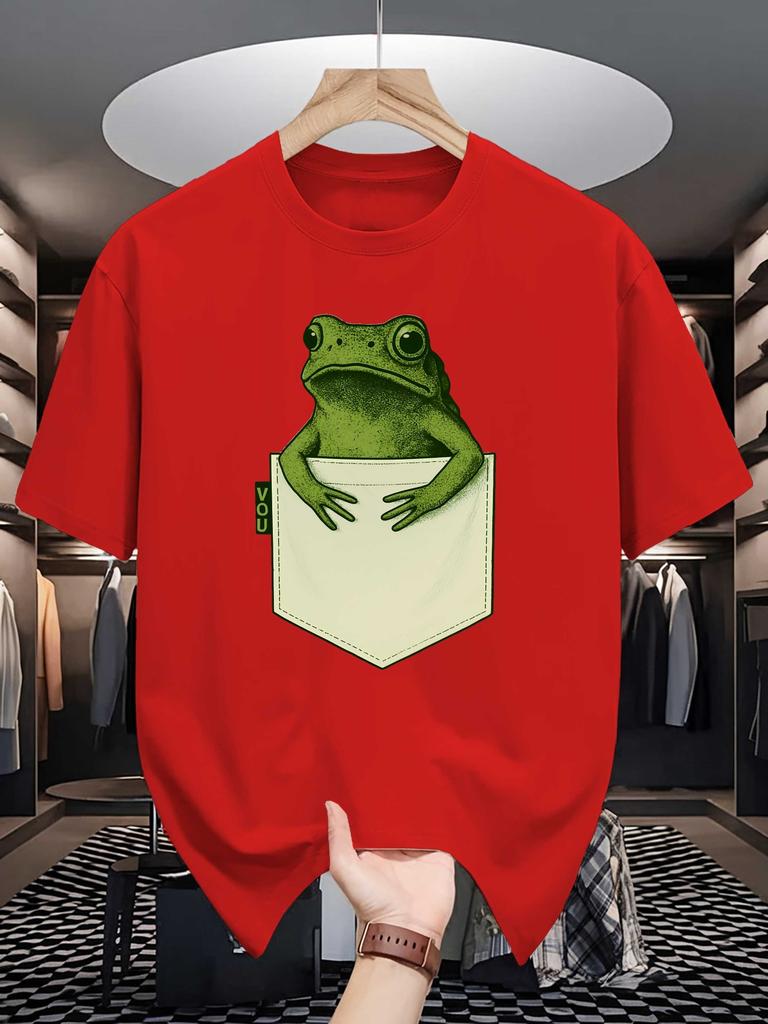 Unisex Crew Neck Tee Pocket Frog Cartoon Print Soft Cotton Loose Breathable Short Sleeve Summer Casual Daily Street Fashion Tops