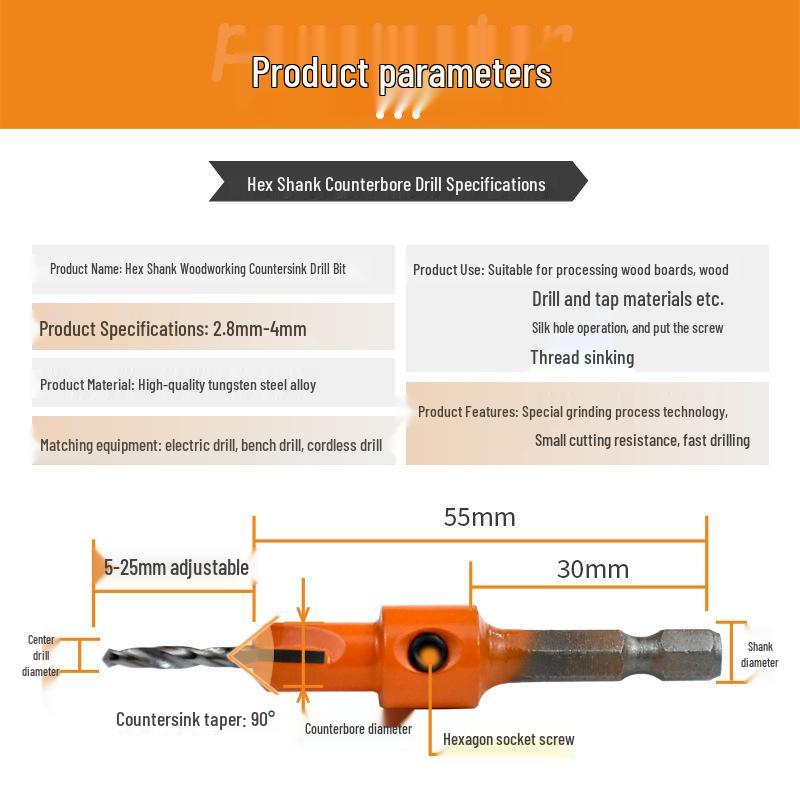 Hex Shank Alloy Taper Hole Countersink Drill Bit for Woodworking & Furniture Installation