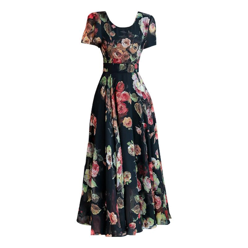 Summer Korean Version Medium and Long Printed Ice Silk Dress Middle-aged Large-size Large-swing Dress
