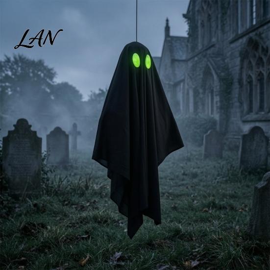 Halloween Party Supplies Hanging Ghost Outdoor Decoration, Spooky Black Fabric with Green Accents Eyes for Outside Tree, Porch, Yard, Lawn,