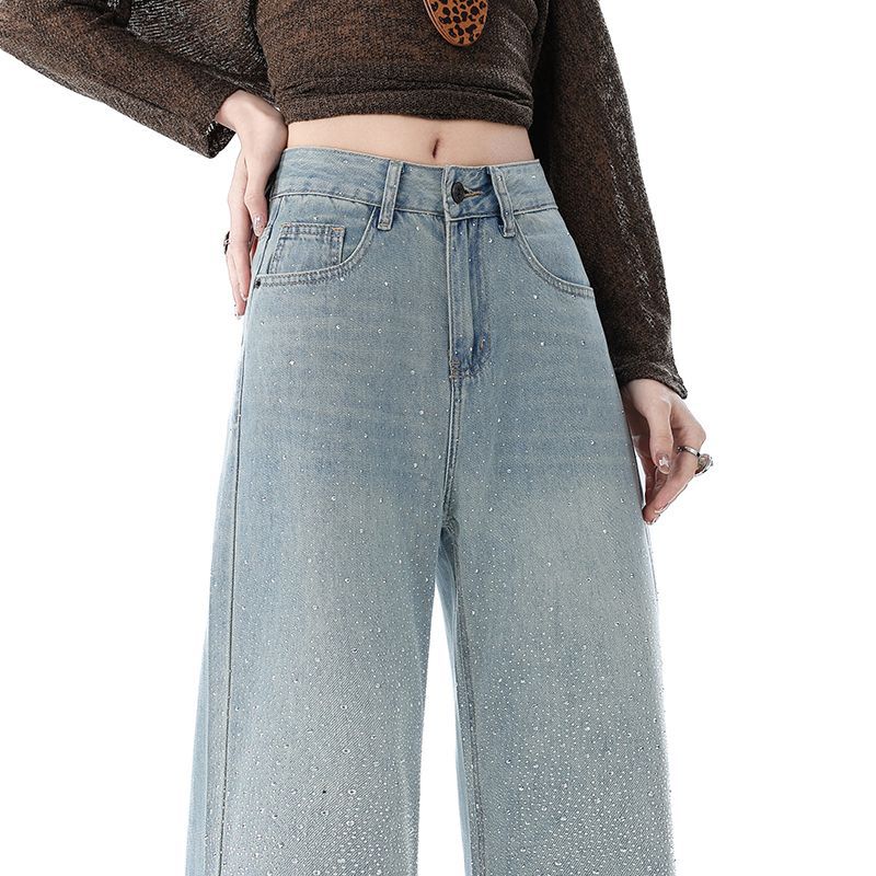 Spring Summer Full Star Rhinestone High Waist Drape Floor Slim Straight Casual Denim Pants For Ladies Casual Pants Oversize Denim Trousers