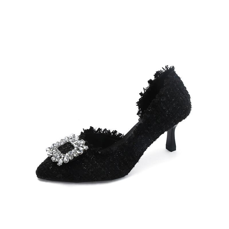 Autumn new shallow mouth pointed head thin heel sandals women's simple side empty bag head high heels temperament rhinestone sandals