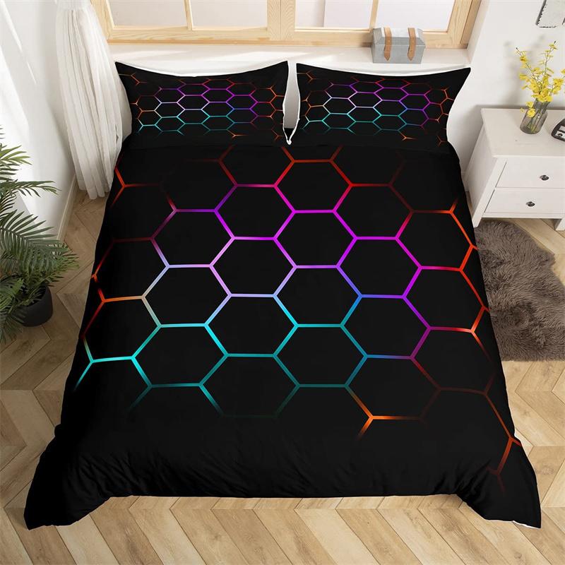 Boys Cartoon Honeycomb Duvet Cover Geometry Hexagon Bedding Set Twin King Polyester Colorful Grid Art Neon Decor Comforter Cover