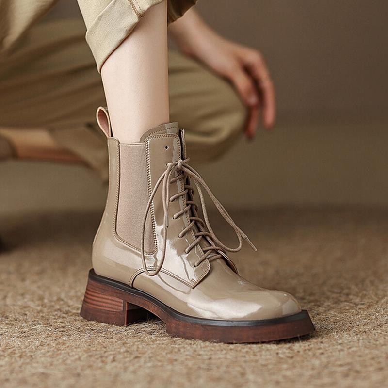 Fashion NEW Fall Shoes Women Patent Leather Boots Round Toe Chunky Heel Women Boots Winter Solid Lace-up Ankle Boots Western Boots Women