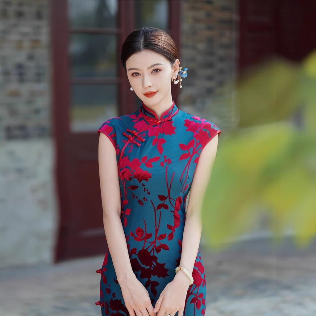 Shanghai cheongsam new 1011 flocking temperament high-end retro elegant long dress can be worn daily in summer