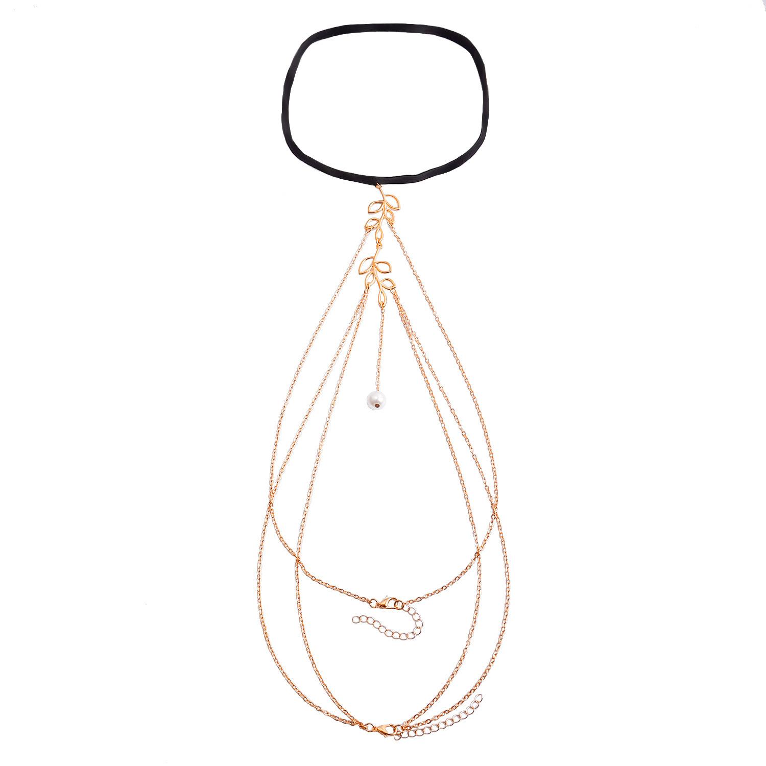 Sexy beach leg chain hollow leaf body chain female, simple fringed imitation pearl pendant leg chain