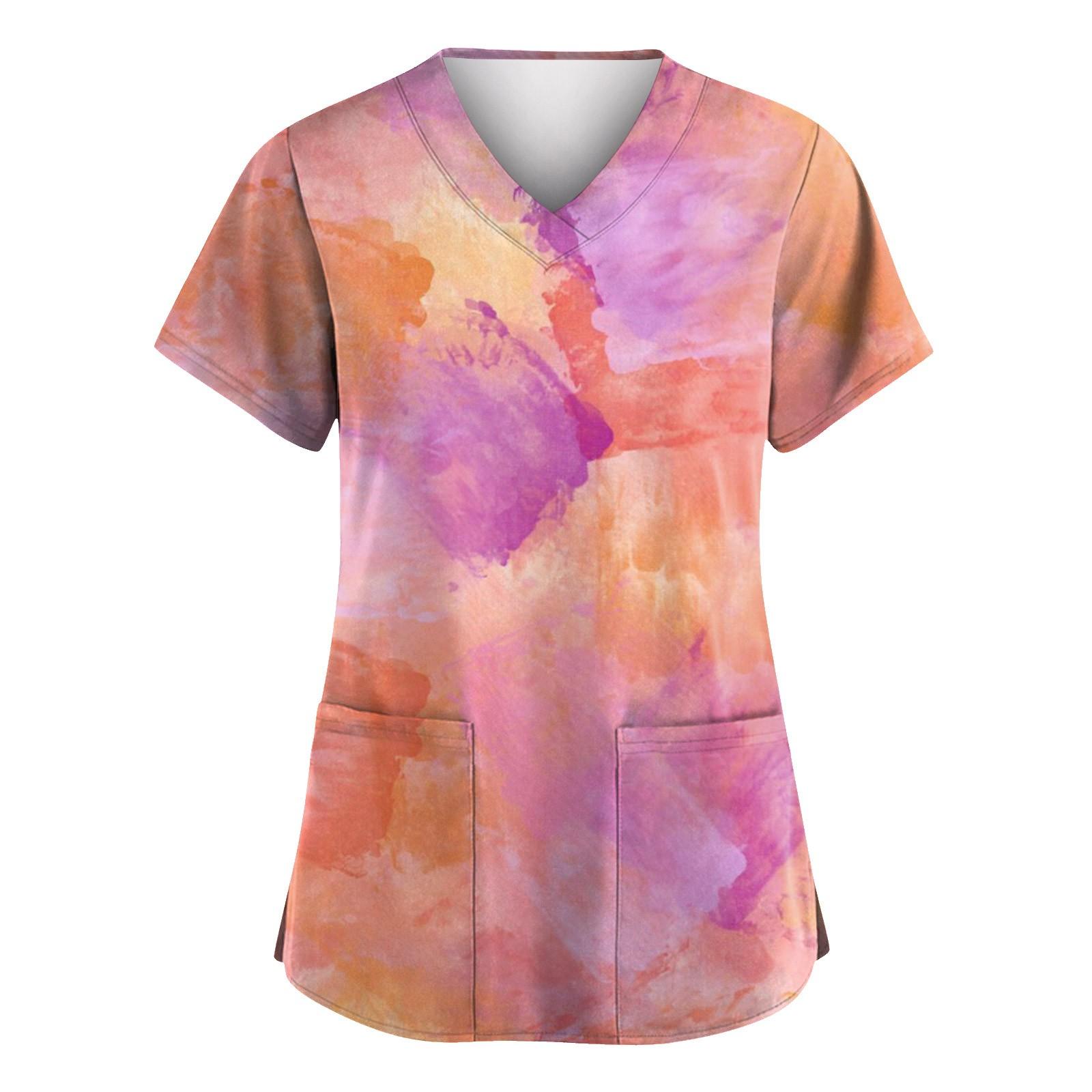 

Женская мода с v-образным вырезом, короткими рукавами и карманами, топы с принтом S винный