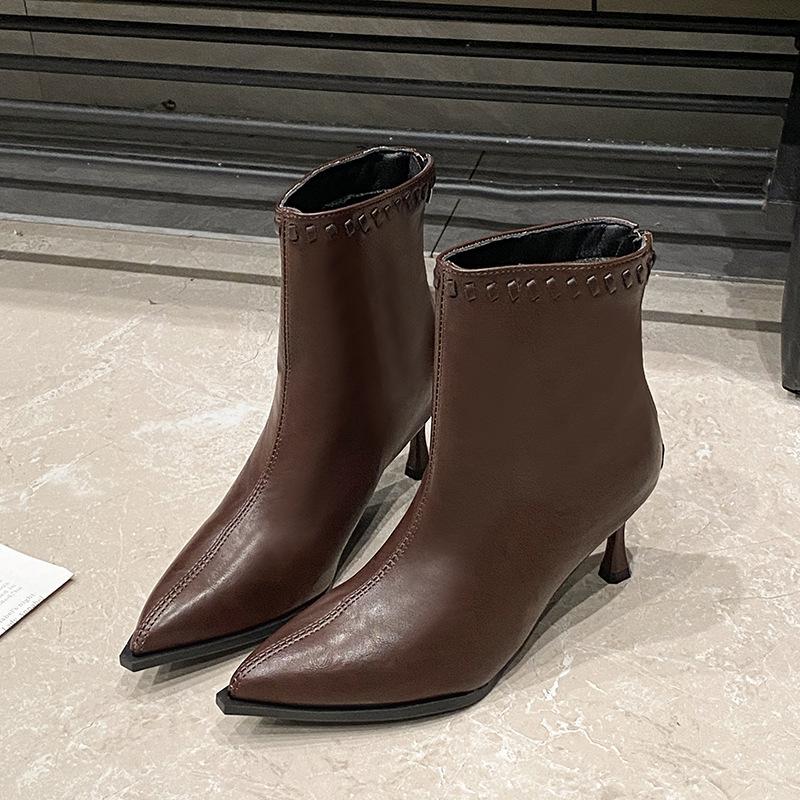Anti-slip Shoes - Simple Low-heeled High-heeled Shallow-mouth Pointed-toe Short Boots for Women