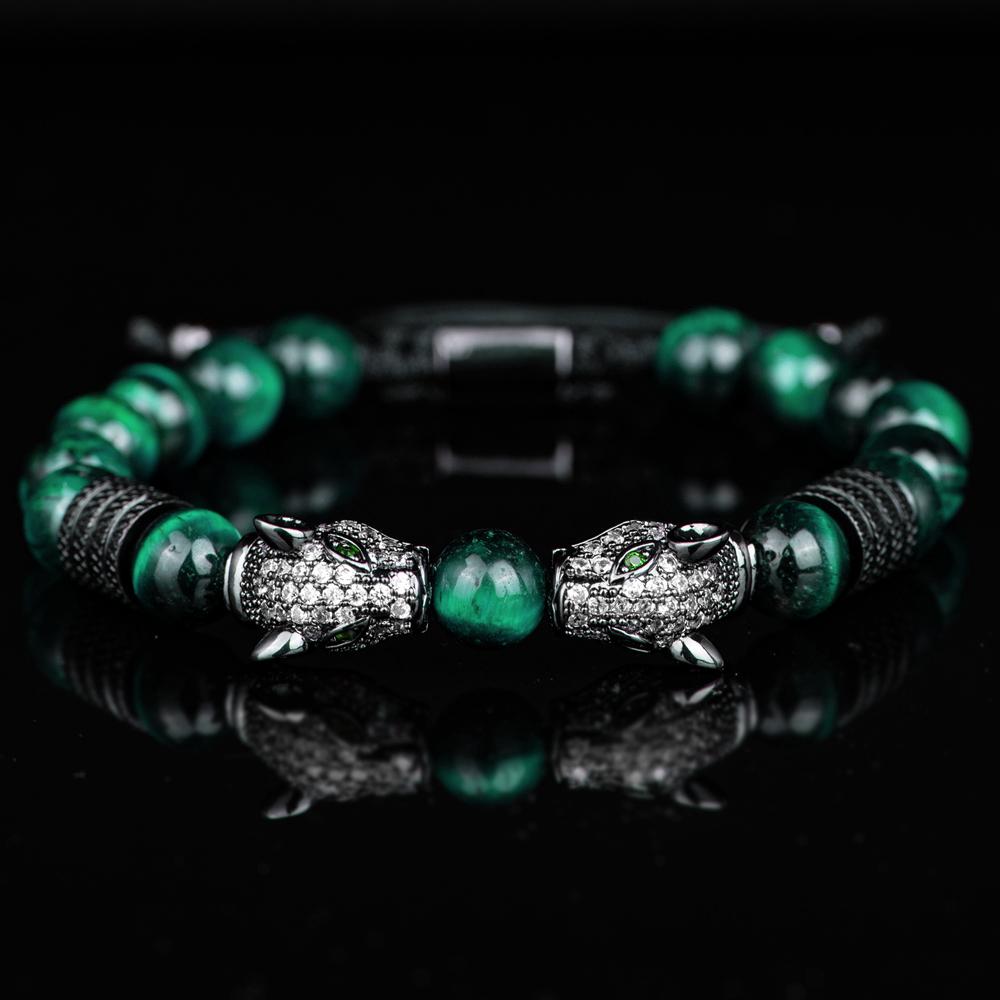 New Trend Double Leopard Head Handmade Tiger's-eye Bracelets  Accessories Handmade Men's Jewelry Pulseras Homme