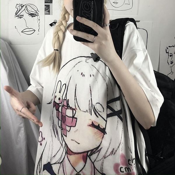 T-Shirt Donna Harajuku Style – Maglietta Carina Con Cartoon, Cotone Morbido, Manica Corta, Vestibilità Sciolta, Taglia XL, Bianco, Stile Kawaii