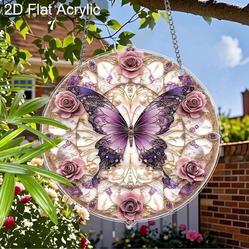 Acrylic Purple Butterfly with Pink Roses Suncatcher Stained Glass Effect Window Hanging Ornament Flower Lover Gifts