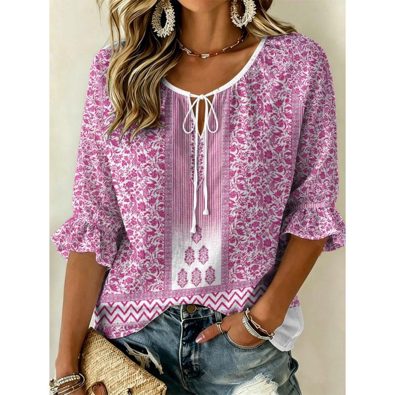 Women's Purple Embroidered Paisley Print Tie Neck Blouse, Casual Loose Tops for Spring Summer Daily Wear & Vacation Occasions