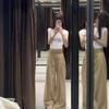 Women's Plaid Patchwork Khaki Wide-Leg Pants - Spring Loose Fit, Straight-Leg, Floor-Length