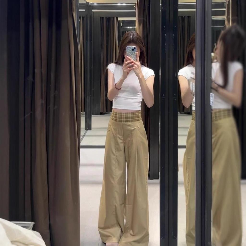Women's Plaid Patchwork Khaki Wide-Leg Pants - Spring Loose Fit, Straight-Leg, Floor-Length