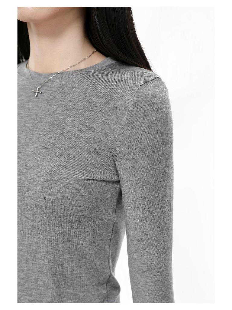 Women's Gray Slim-Fit Long-Sleeve T-Shirt: Korean Style, Autumn/Winter Base Layer