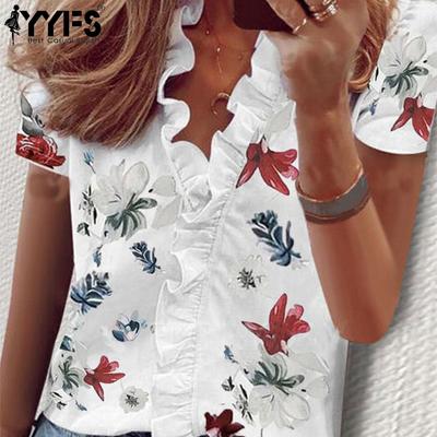 Women's Fashion Casual Summer Flower Pattern Print Short Sleeve Blouses & Shirts