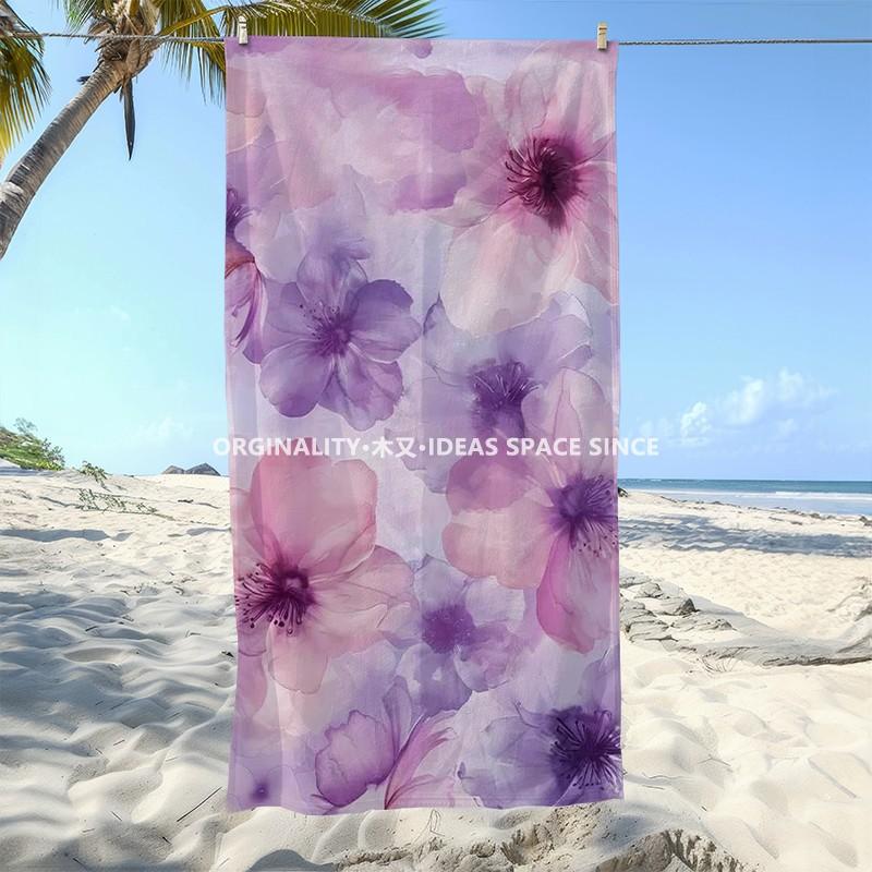 Watercolor Purple Floral Beach Towel Patterned Sunscreen And Windproof Suitable For Swimming Pool Camping Travel