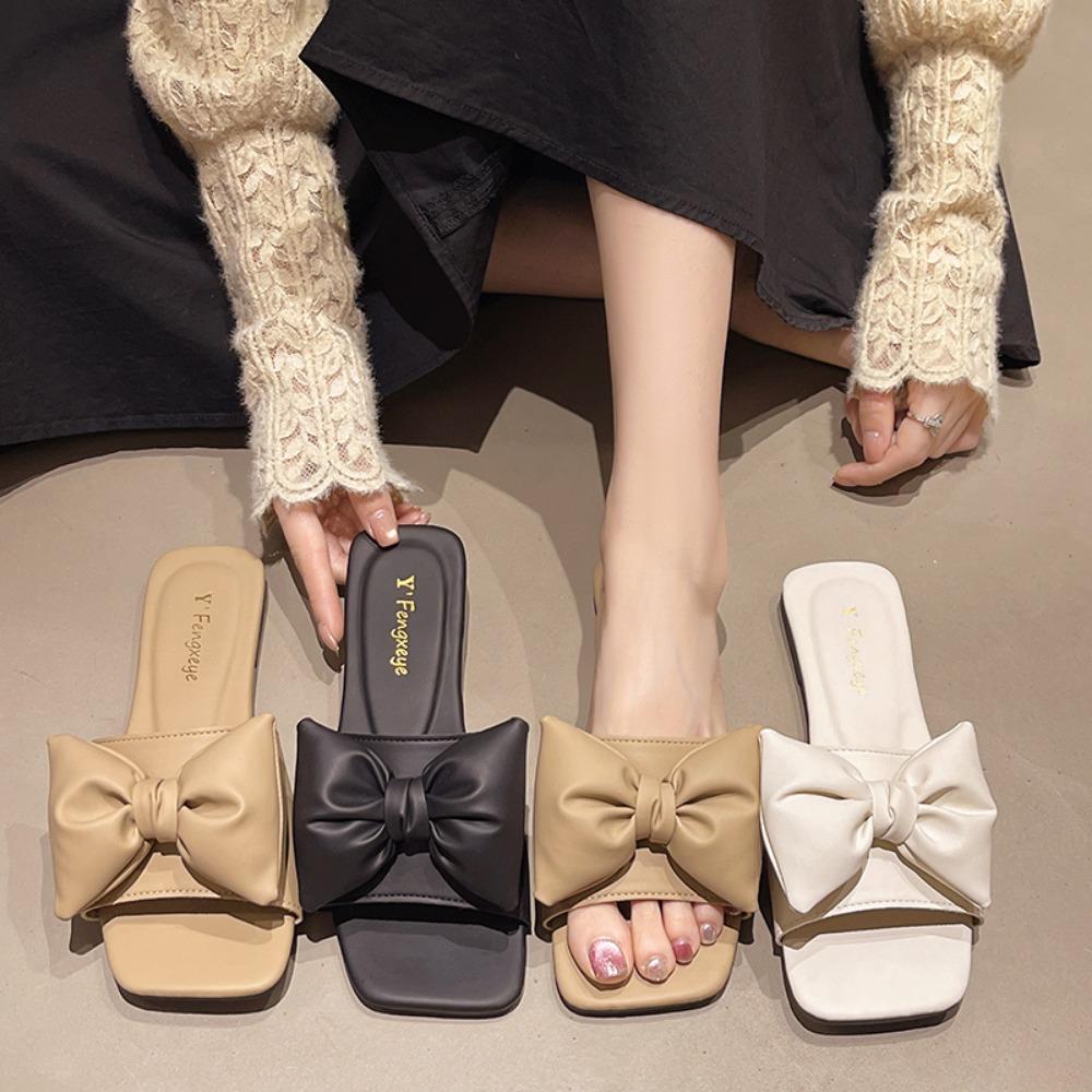 Mode Sommer Große Größen Ein-Riemen Unifarben Schleife Flache Sandalen Outdoor Strand Hausschuhe Elegante Damenschuhe 2026
