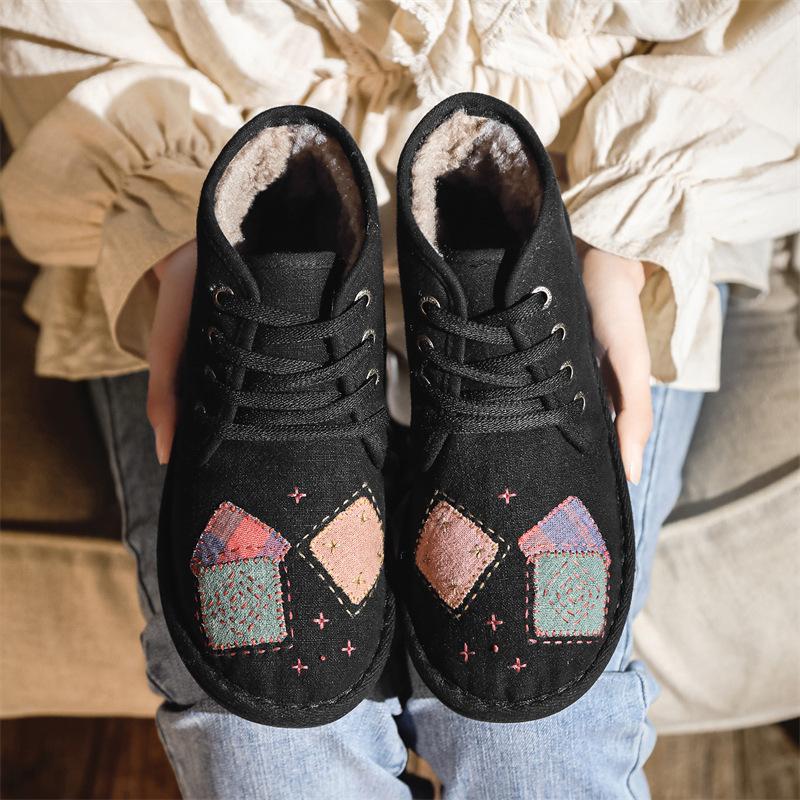 Johnature Plush Warm Cotton Shoes Handmade Embroidered Soft Sole Cloth Shoes Retro Women's Short Boots