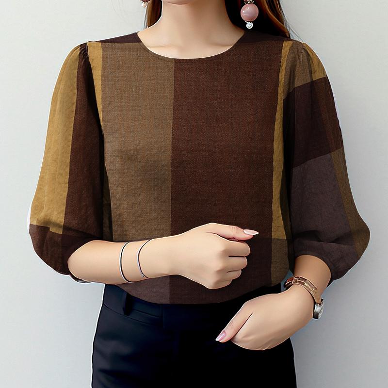 

ZANZEA Women Casual Round Neck 3/4 Sleeve Loose Grid Print Blouse 3XL жовтий