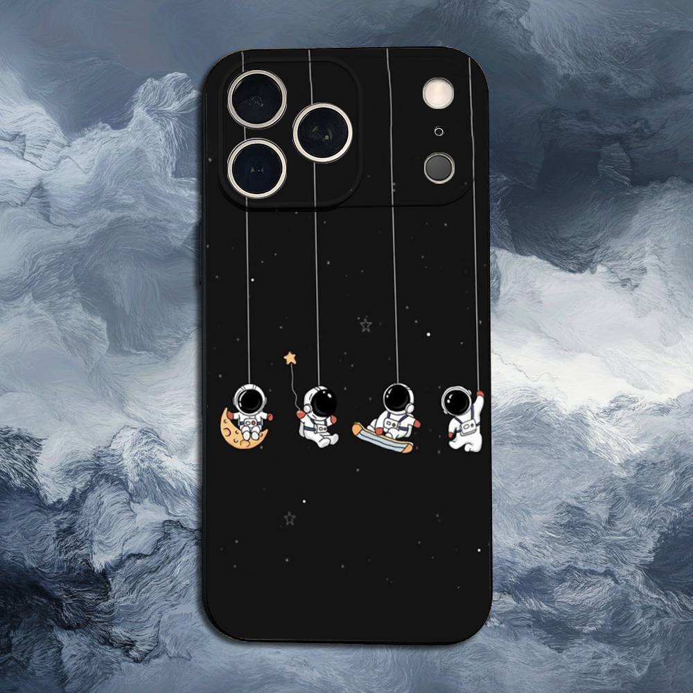 Cute Astronaut For iPhone 12,14,13,15,16,11,17,X,Mini,XR,SE,XS,Plus,Pro,Max,8,7,Soft Silicone Black Case