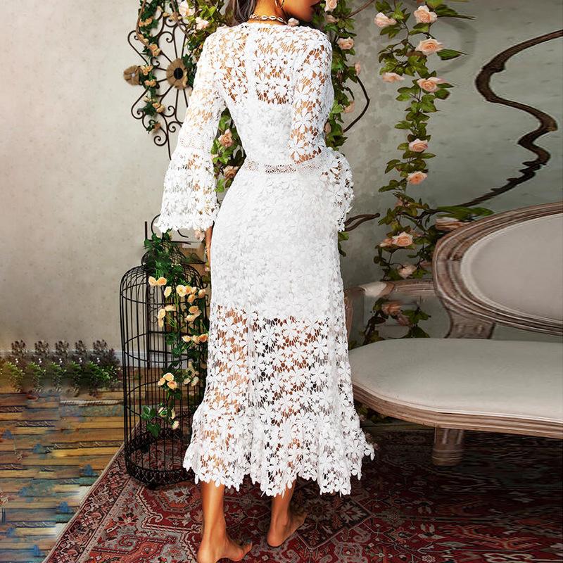 Primavera e outono vestido feminino sexy transparente renda manga longa com decote em v vestido longo grande balanço