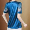 Spring/Summer Stretch Satin Lace Short Sleeve Top Plus Size Stitching Solid Color Shirts for Office Ladies