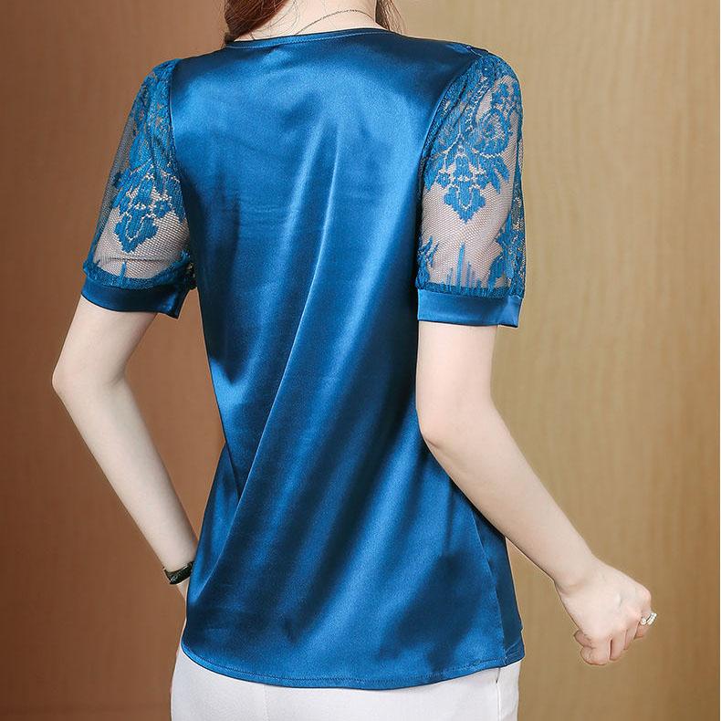 Spring/Summer Stretch Satin Lace Short Sleeve Top Plus Size Stitching Solid Color Shirts for Office Ladies