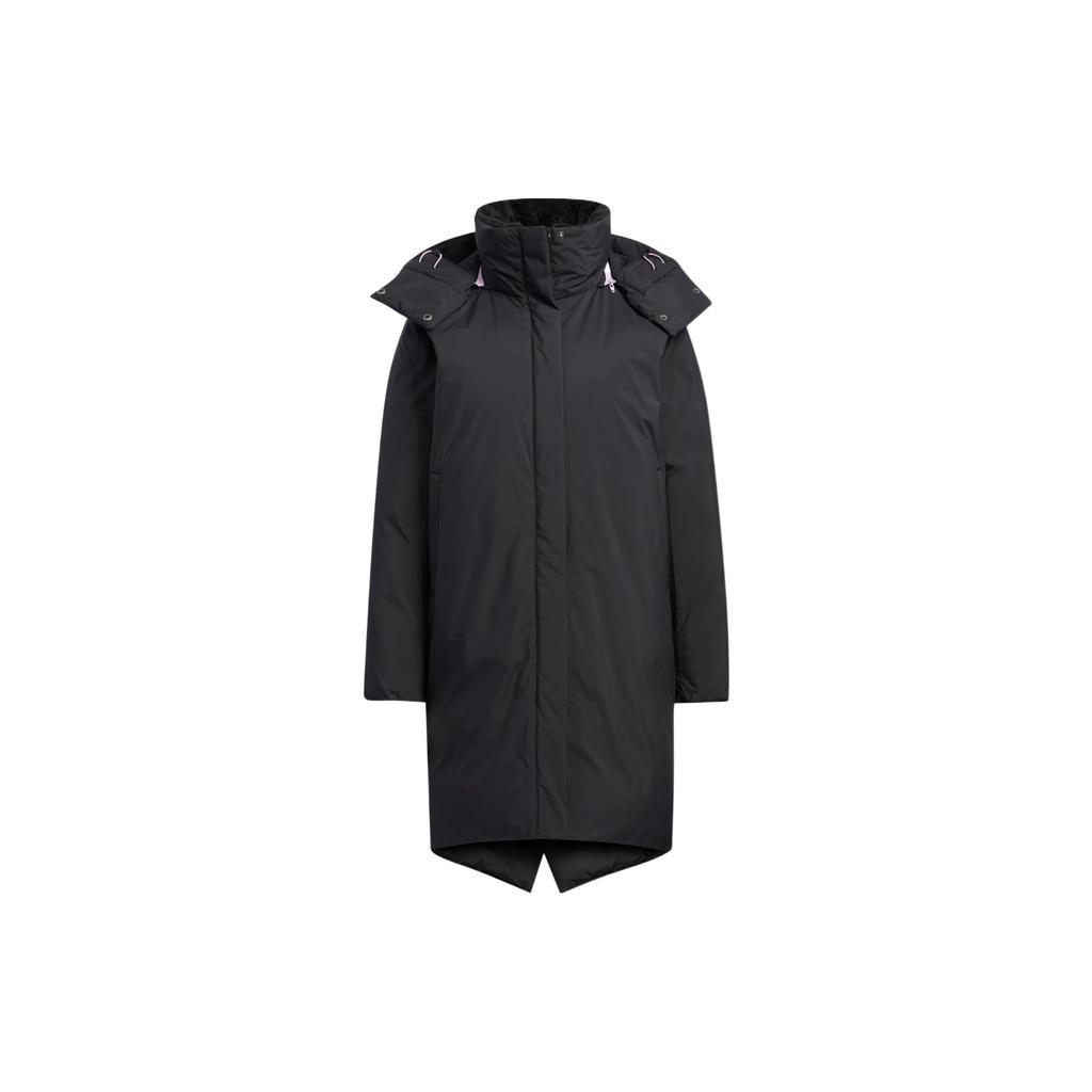 Adidas Dámská středně dlouhá péřová bunda s potiskem loga v jednobarevném provedení, vrchní oděv, černá HN2115