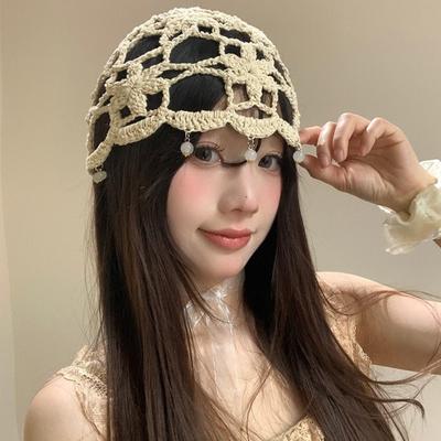 Bohemian Hollow Flower Knitted Beanies Cap Hand-woven Solid Color Pullover Hat Pearl Fringed Breathable Crochet Hat