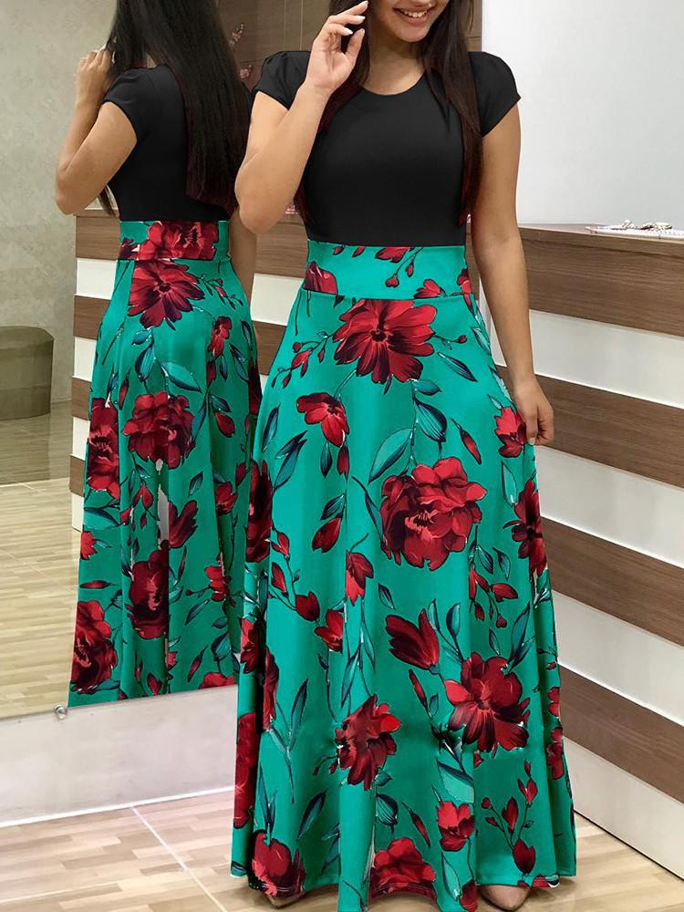Floral Print Color Block Long Dress: Autumn 2018 Hot-Selling European & American Style Women's Clothing