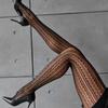Women Retro Striped Jacquard Fishnet Black Pantyhose Sexy Elastic Hollow Out Nylon Tights Vintage Style