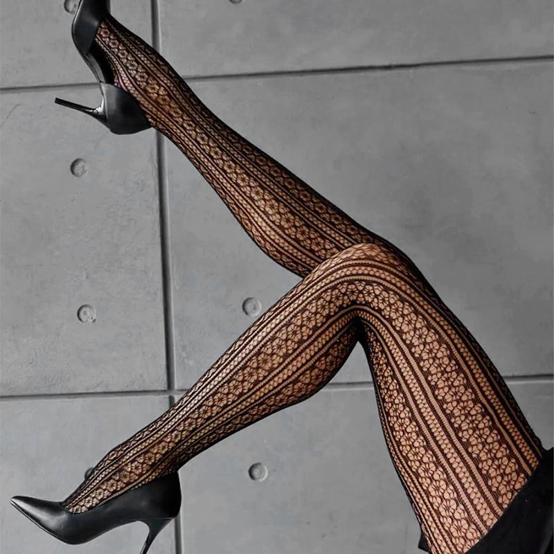 Women Retro Striped Jacquard Fishnet Black Pantyhose Sexy Elastic Hollow Out Nylon Tights Vintage Style
