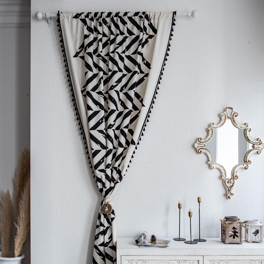 Cotton Linen Blackout Curtain High Quality Ggeometric Woven Built-in Semi-shading Bay Window Cover for Home Living Room Hooks