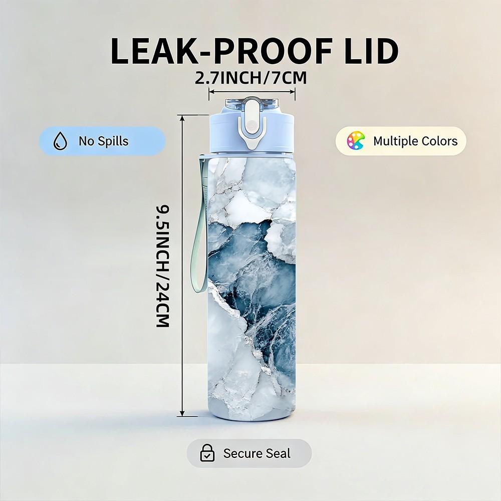 1PC Light Grey Blue Cracked Marble Texture Print 750ml Color Plastic Sports Water Bottle Leakproof Flip Straw Lid Suitable for Sports Office Home Use
