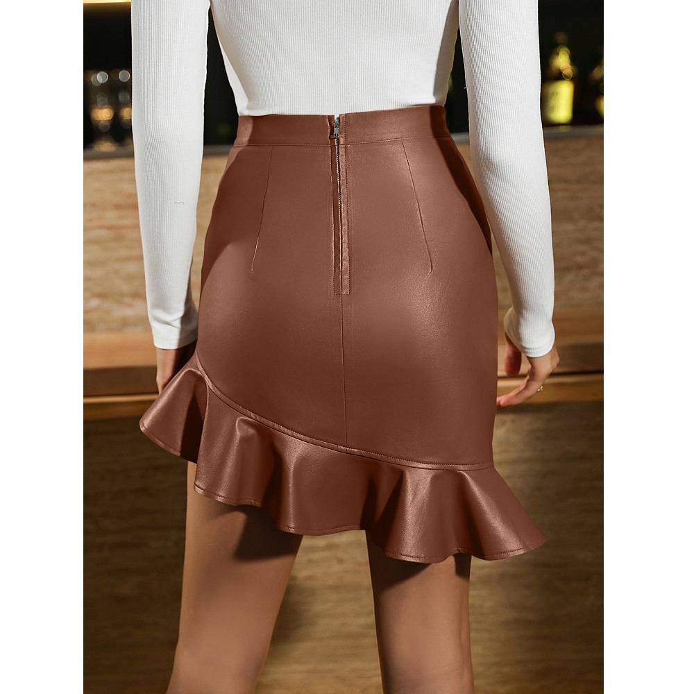 Kvinner High Waist Bodycon PU-skinnskjørt Kontor Damebandasje Ruffles Miniskjørt