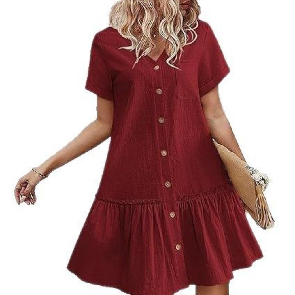 Summer Women's Short Sleeve Dress, Single Breasted Loose A-line Dress with Pockets Ruffle Hem Casual Dress