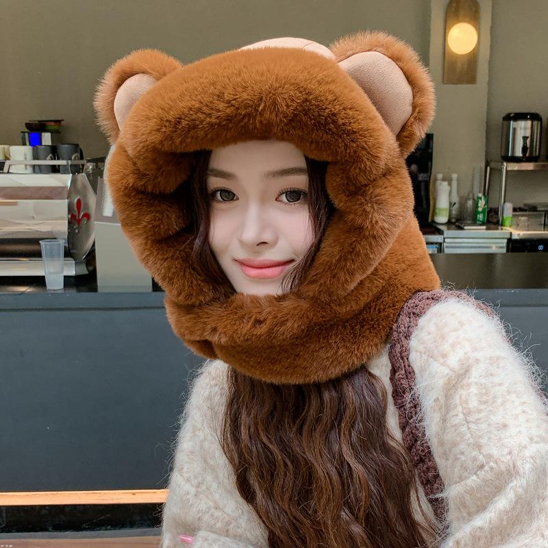 2-in-1 Hat and Scarf, Ear Scarf Hat Beanie, Cute Ear Plush Hat Scarf Combo, Integrated Ear Protection Windproof Cap Scarf for Women