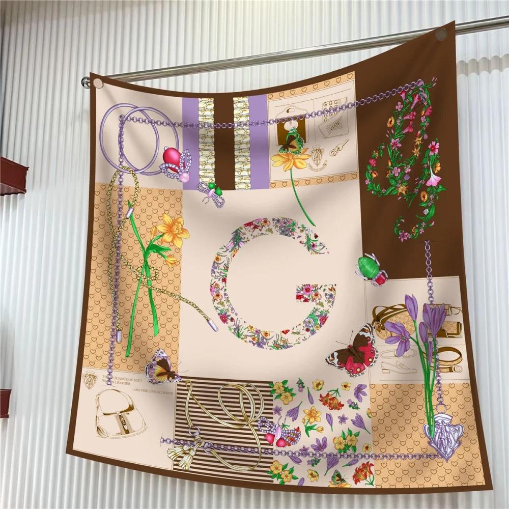 Silk Scarf Women Floral Printed Square Scarves Head Echarpes Silk Foulards Femme Wraps Beach Shawls Bandana Lady Hijabs 90CM