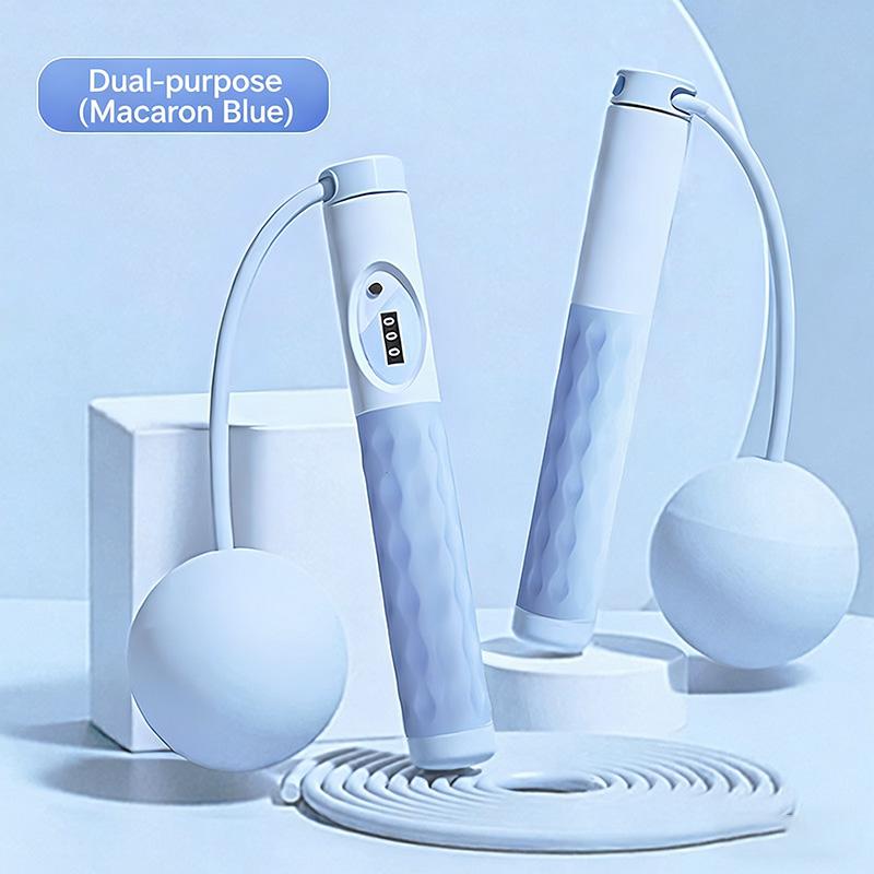 

Регульована обтяжена скакалка зі сталевим тросом та ручками-кульками, цифровий лічильник для кардіотренувань синій